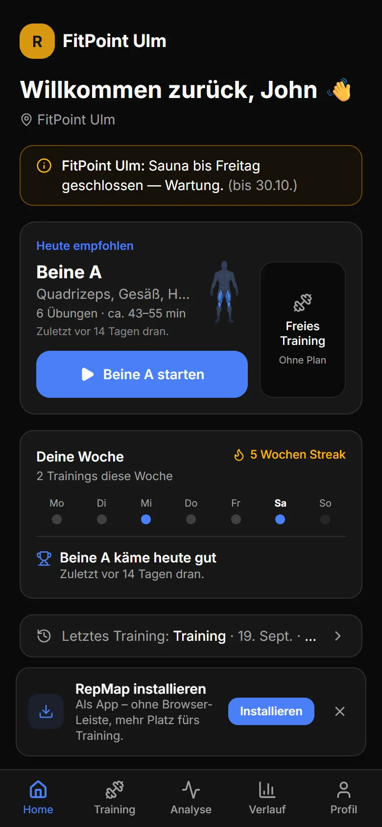 RepMap-Startseite im Browser mit dem Hinweis „RepMap installieren: Als App, ohne Browser-Leiste, mehr Platz fürs Training“ und dem Button „Installieren“.