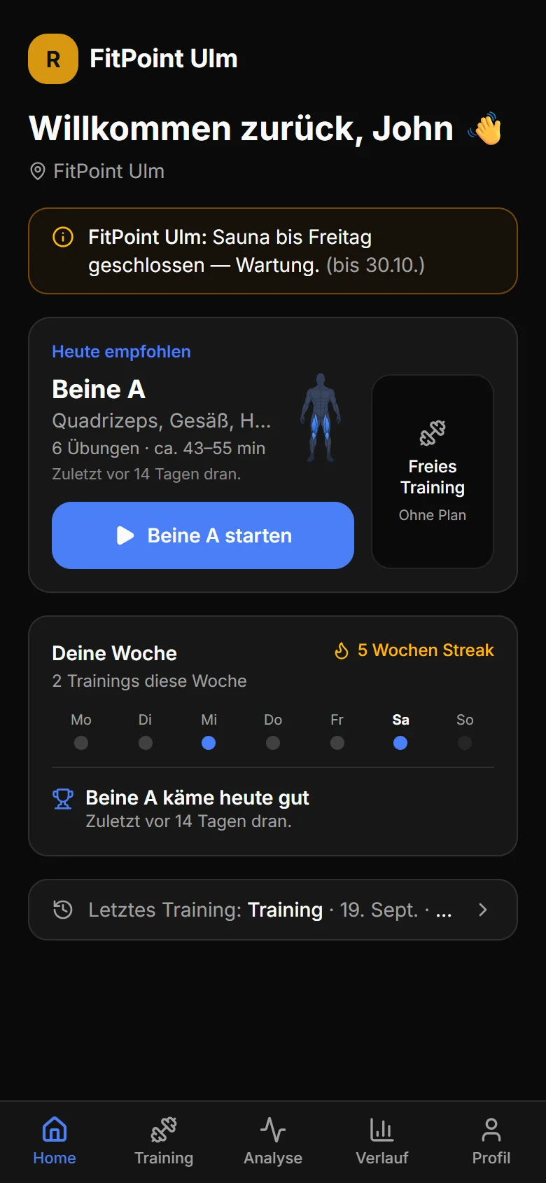 RepMap-Startseite: Hinweis des Studios, heute empfohlen „Beine A“ mit Start-Button, daneben freies Training, darunter die Trainingswoche mit Fünf-Wochen-Streak.