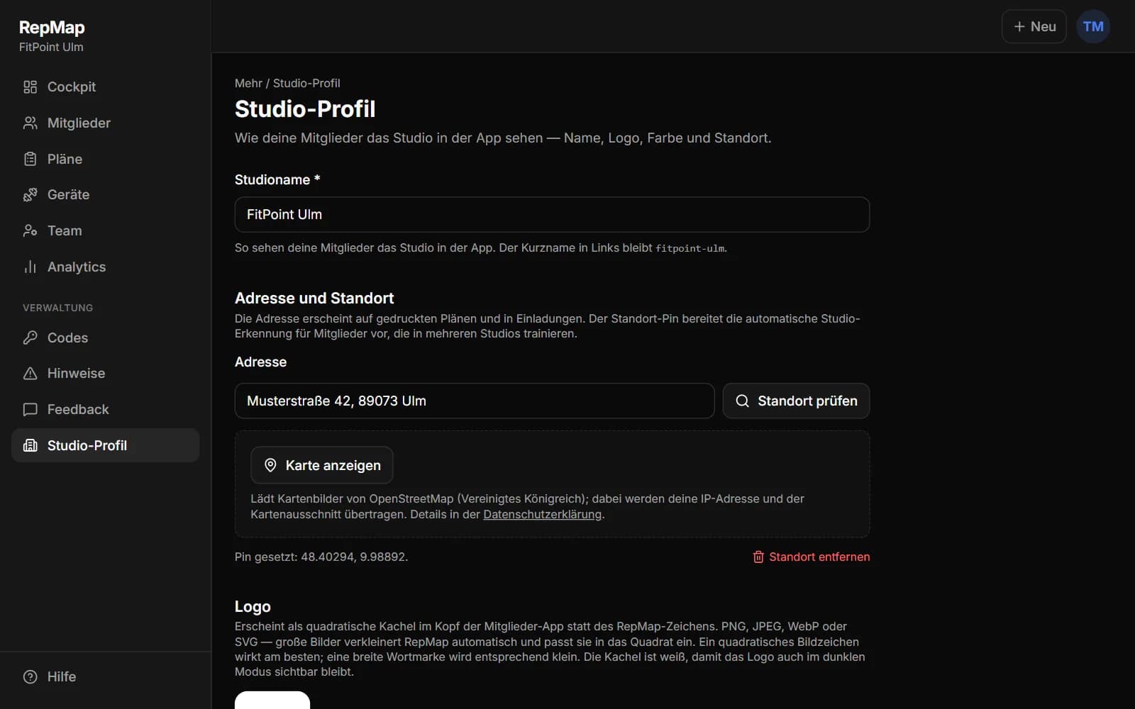 Studio-Profil des Demo-Studios mit den Feldern Studioname, Adresse und Standort sowie dem Bereich Logo.